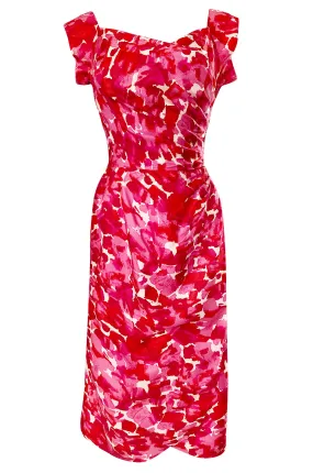 1940s Peggy Wood Pink Printed Silky Rayon Crepe Hawaiian Sarong Dress