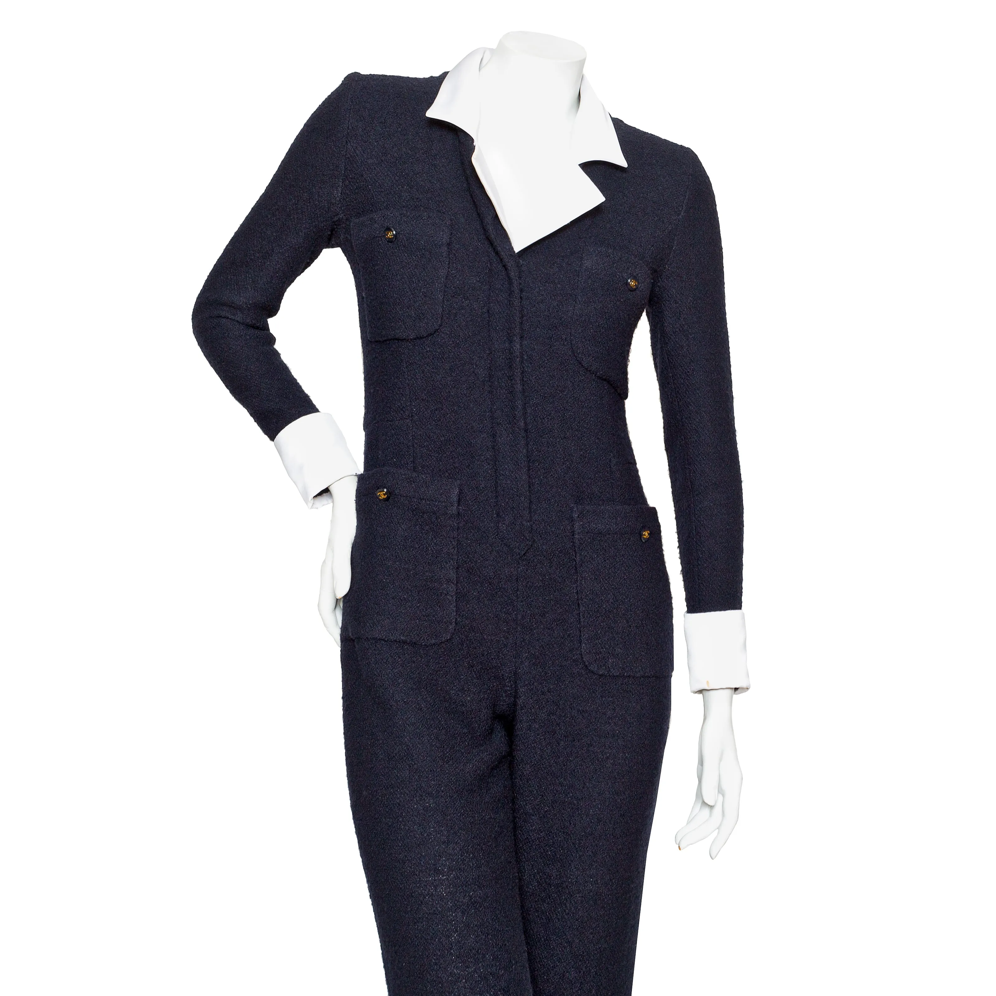 1990s Navy Blue Wool and Satin Collared Jumpsuit