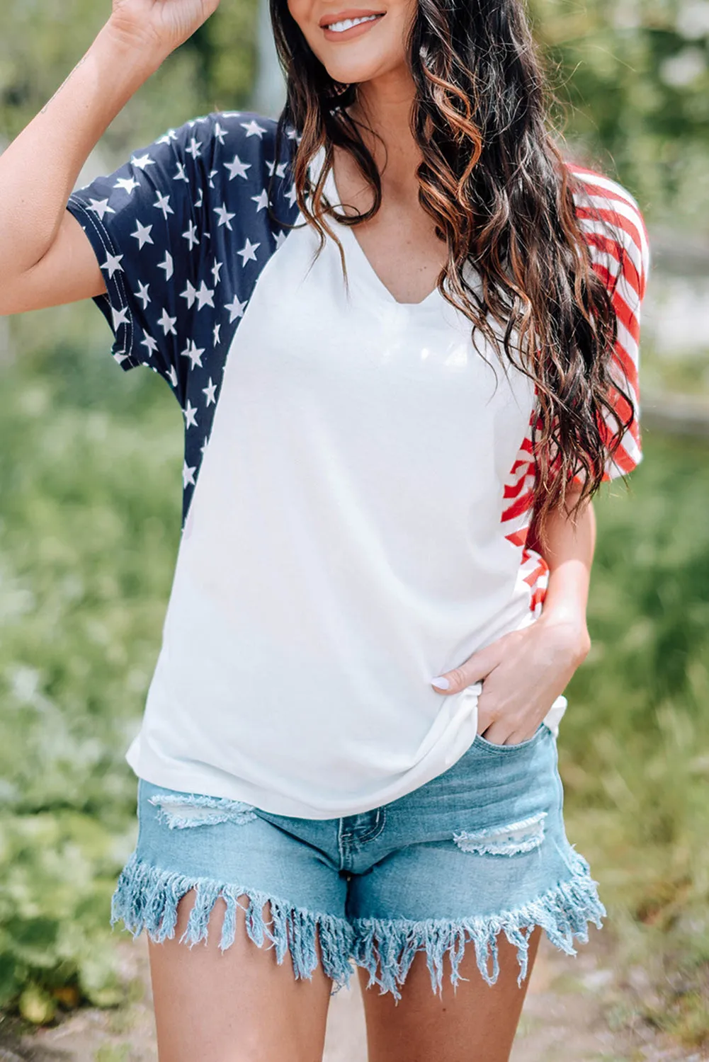 4th of July Shirts for Women V Neck US Stars and Stripes Tee