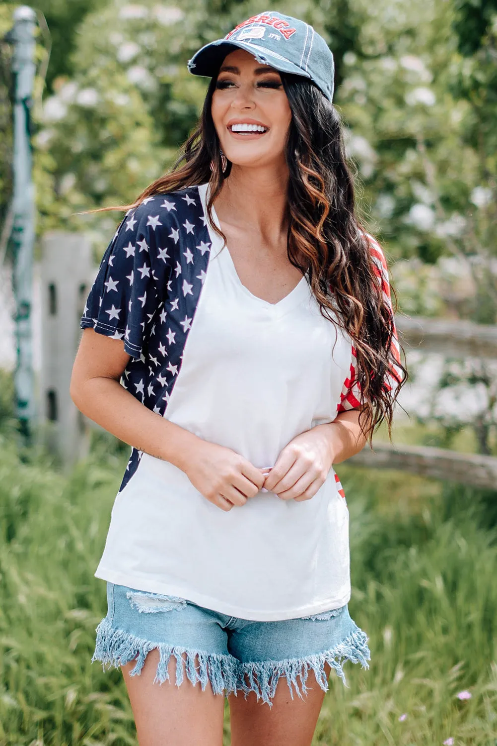 4th of July Shirts for Women V Neck US Stars and Stripes Tee