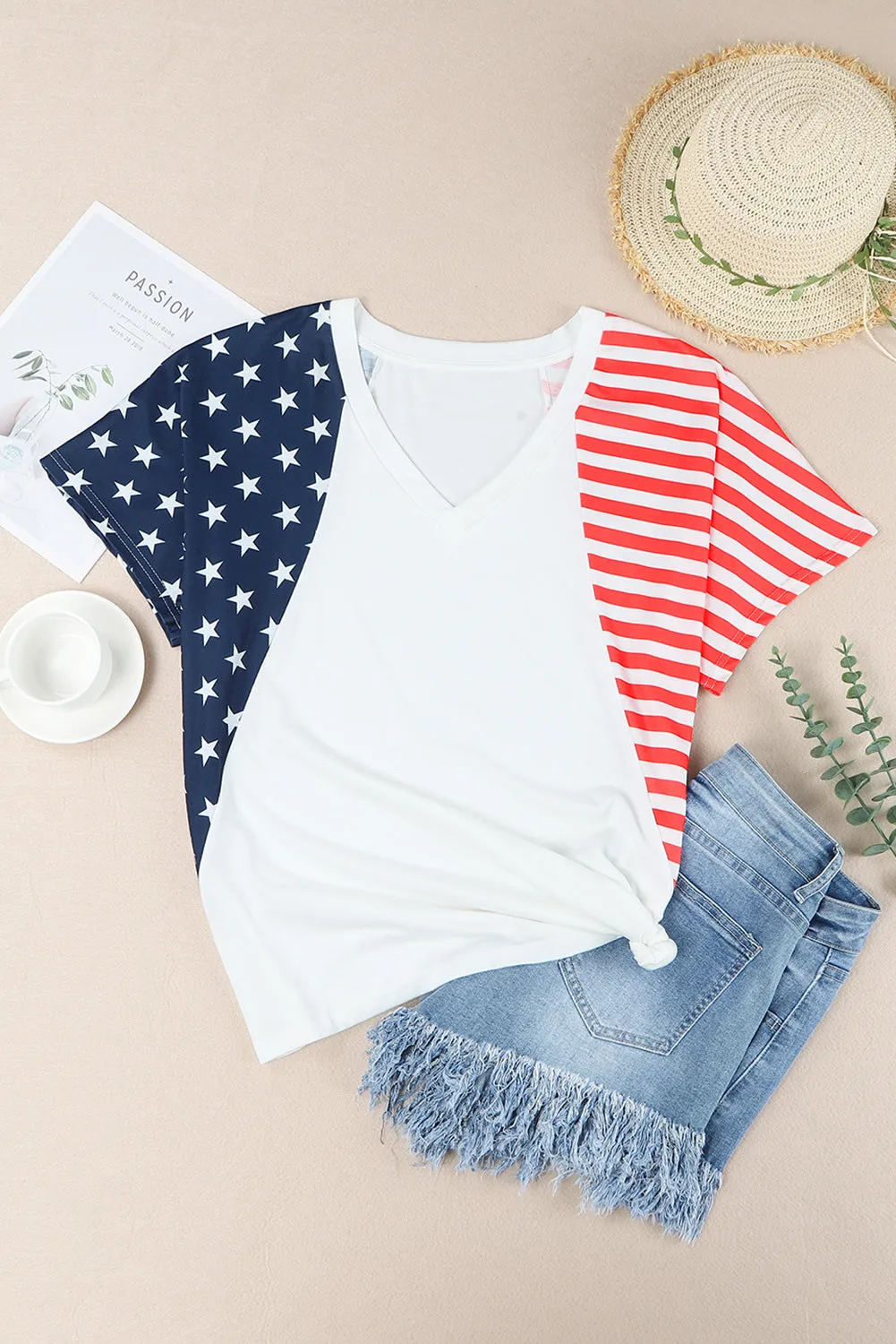 4th of July Shirts for Women V Neck US Stars and Stripes Tee