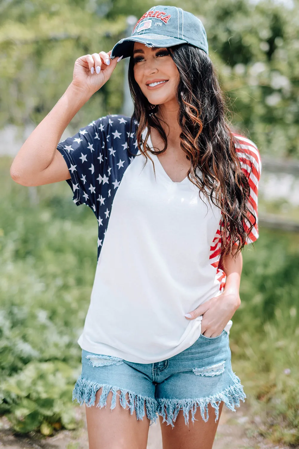 4th of July Shirts for Women V Neck US Stars and Stripes Tee