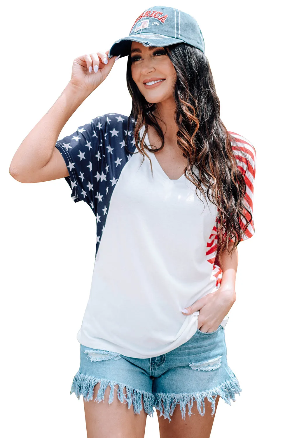 4th of July Shirts for Women V Neck US Stars and Stripes Tee