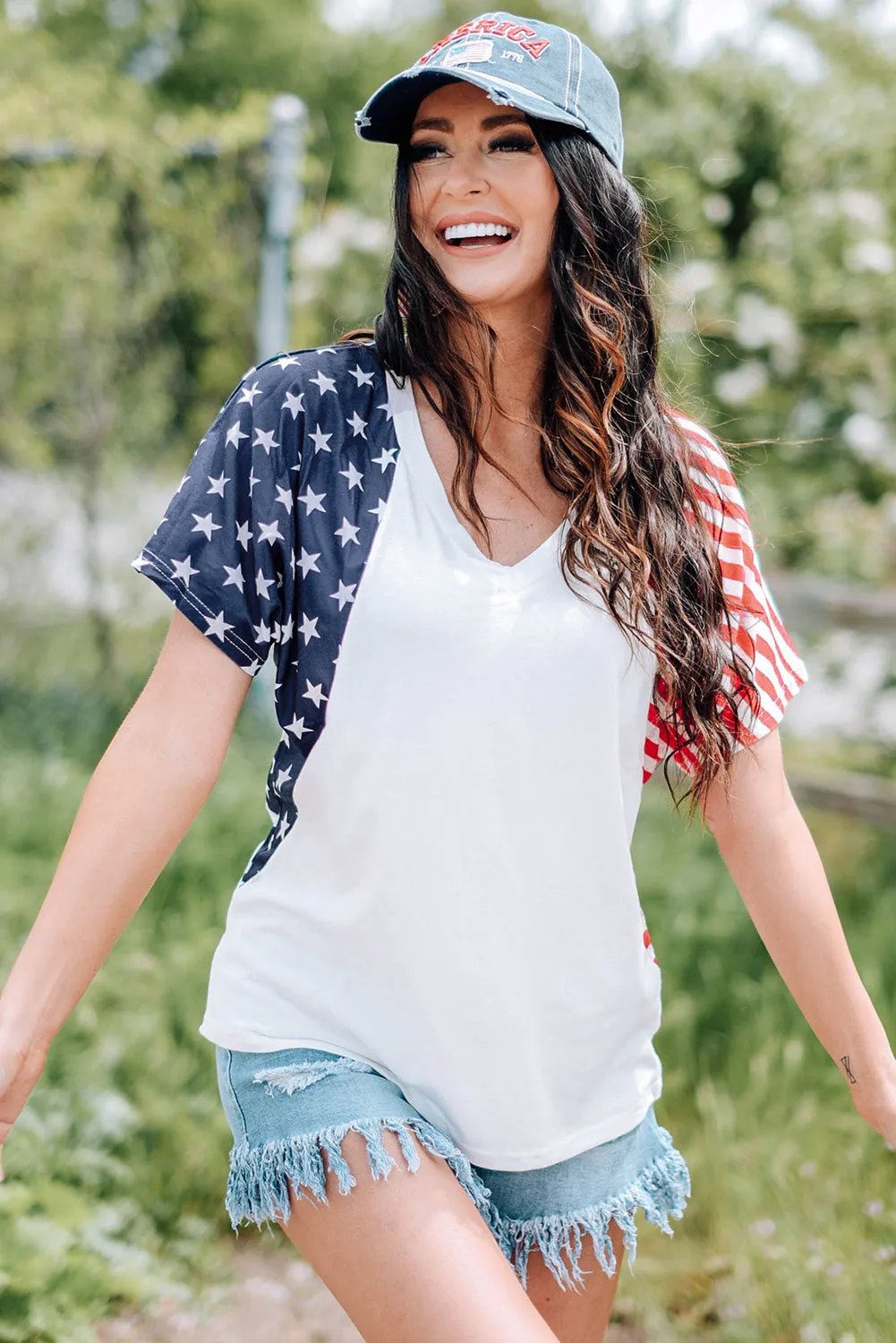 4th of July Shirts for Women V Neck US Stars and Stripes Tee