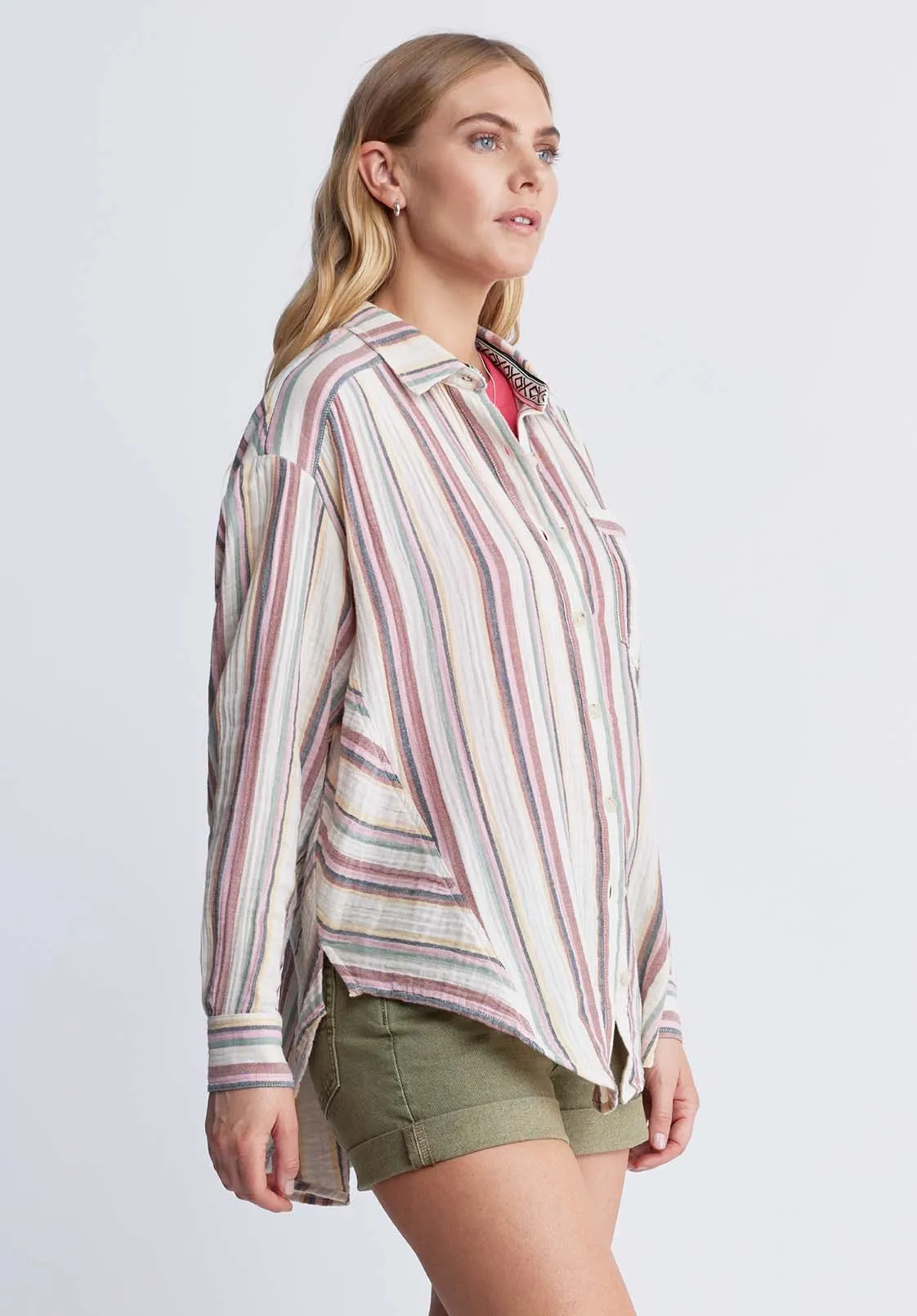 Aija Women’s Long Sleeve Striped Blouse in Beige & Pink - WT0080P