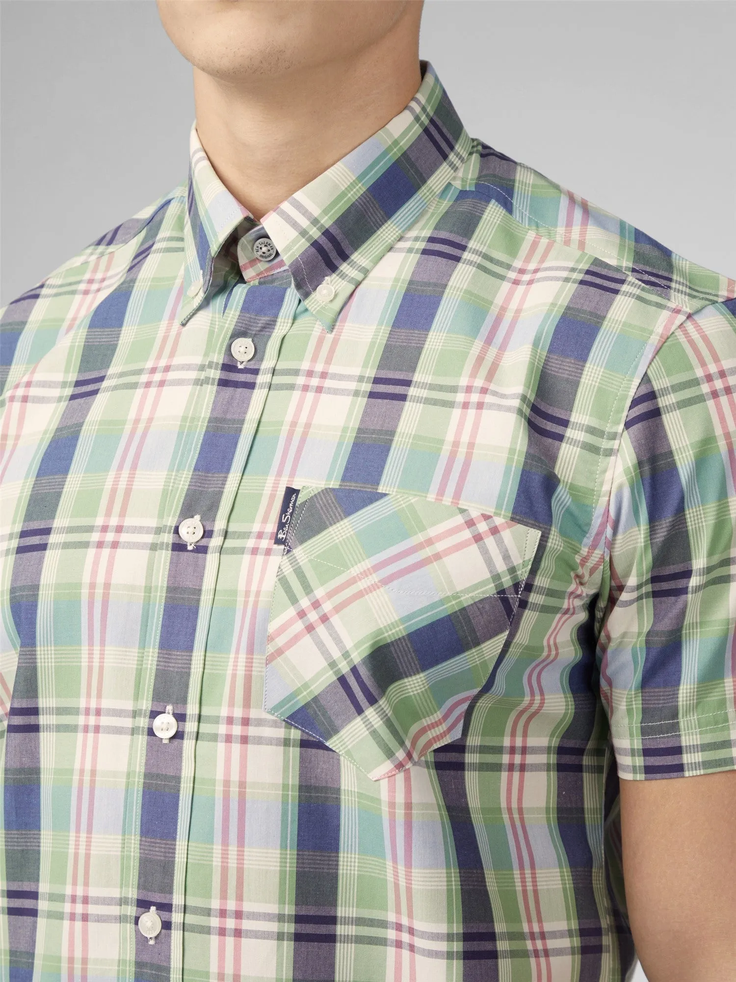 Ben Sherman Men's Over Check Shirt, Short Sleeved, Button-Down Collar