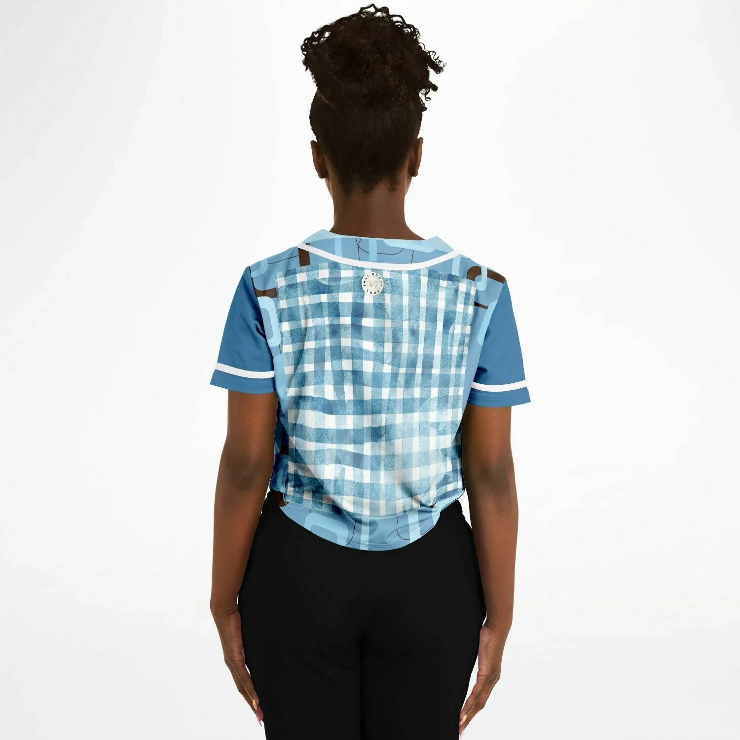 Blue Geo Patchwork Cropped Button Front Jersey