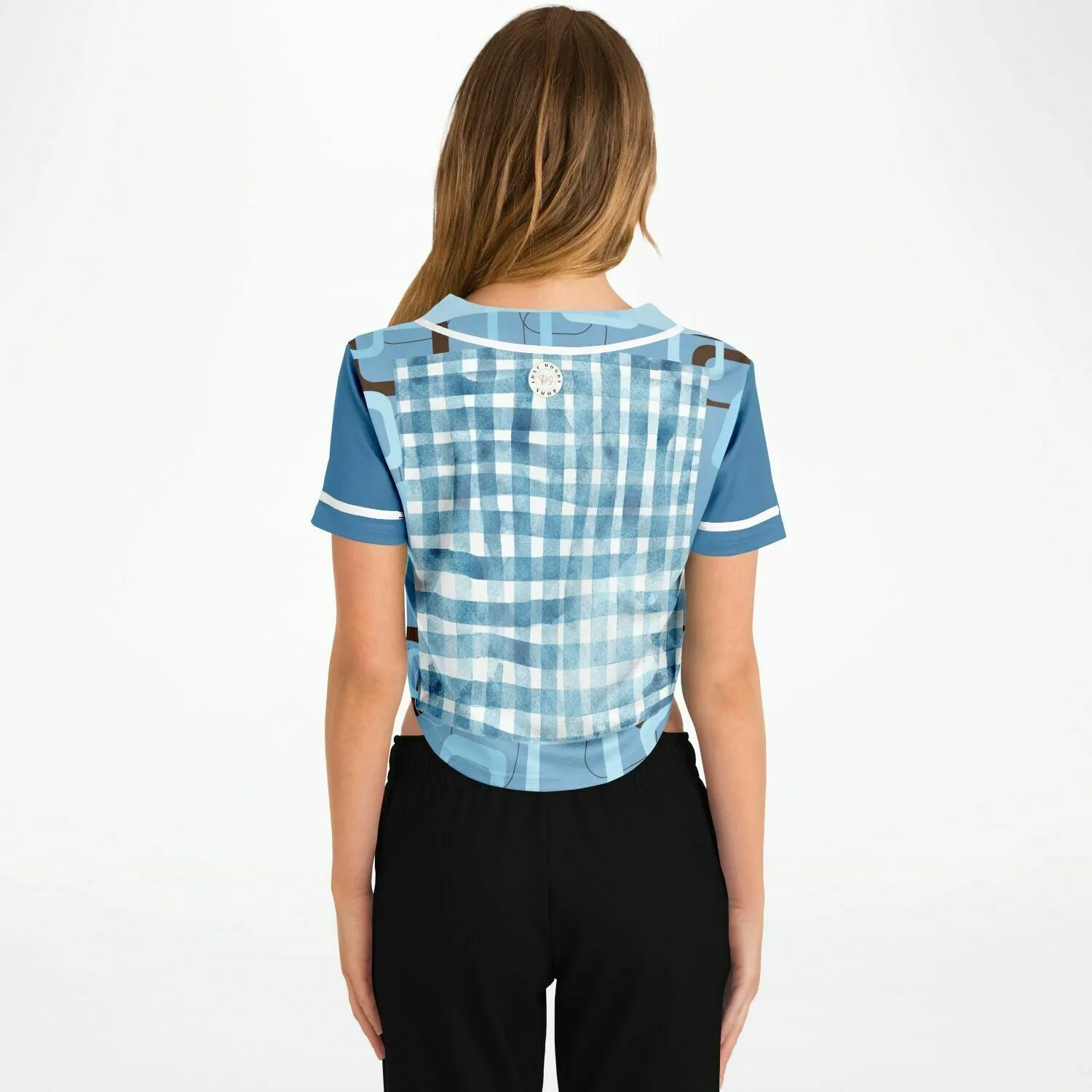 Blue Geo Patchwork Cropped Button Front Jersey