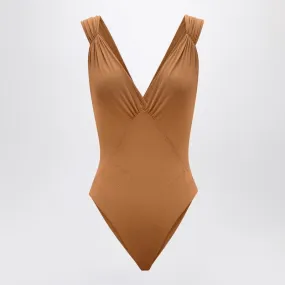 BROWN SILK-BLEND CROSSOVER BODYSUIT