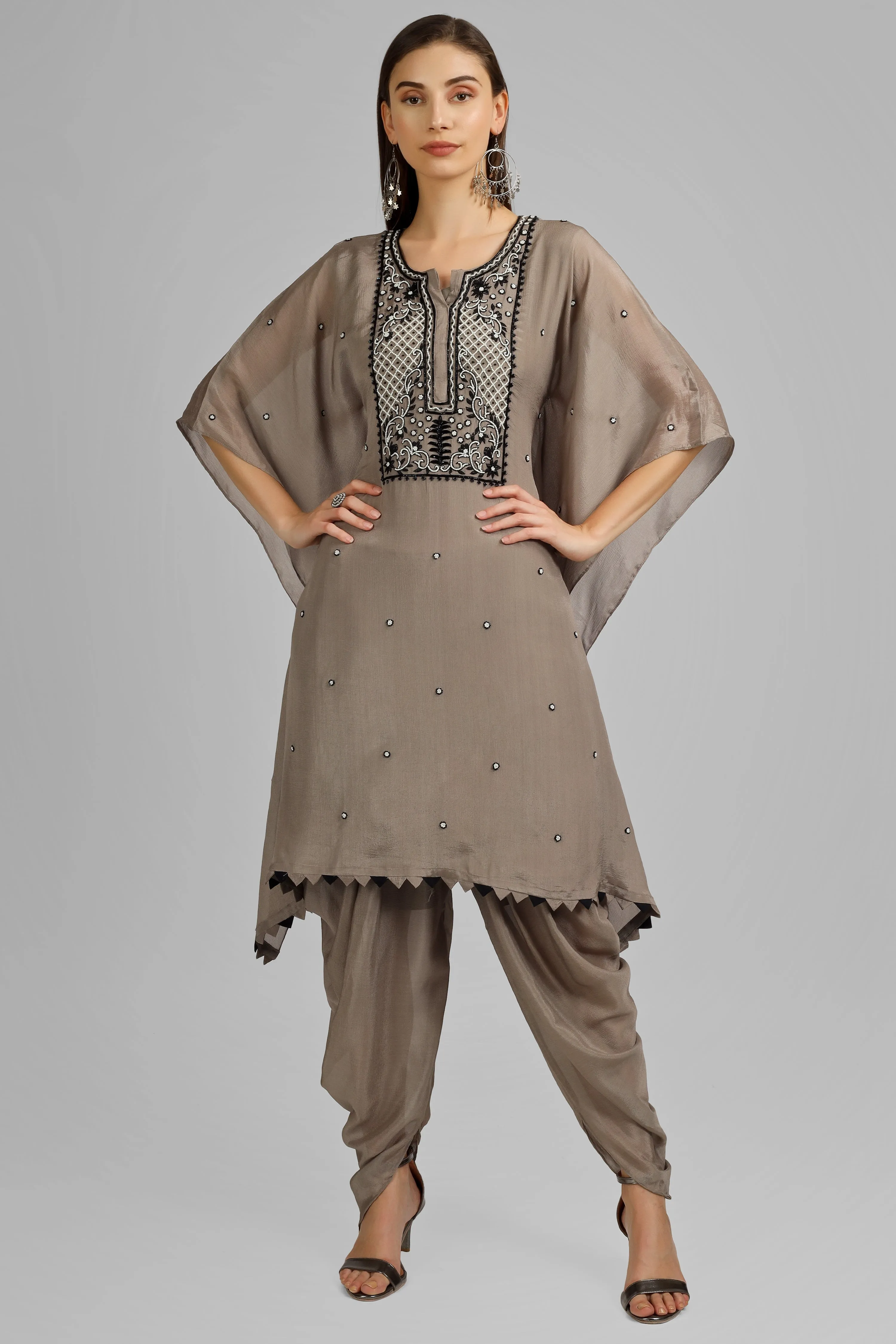 Chinon Shirt with kaftan Dhoti with Embroidery