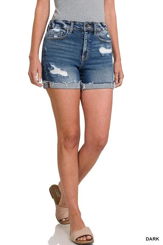 Distressed Cuffed Raw Hem Denim Shorts | SRB S -L | 32.95