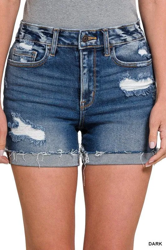 Distressed Cuffed Raw Hem Denim Shorts | SRB S -L | 32.95