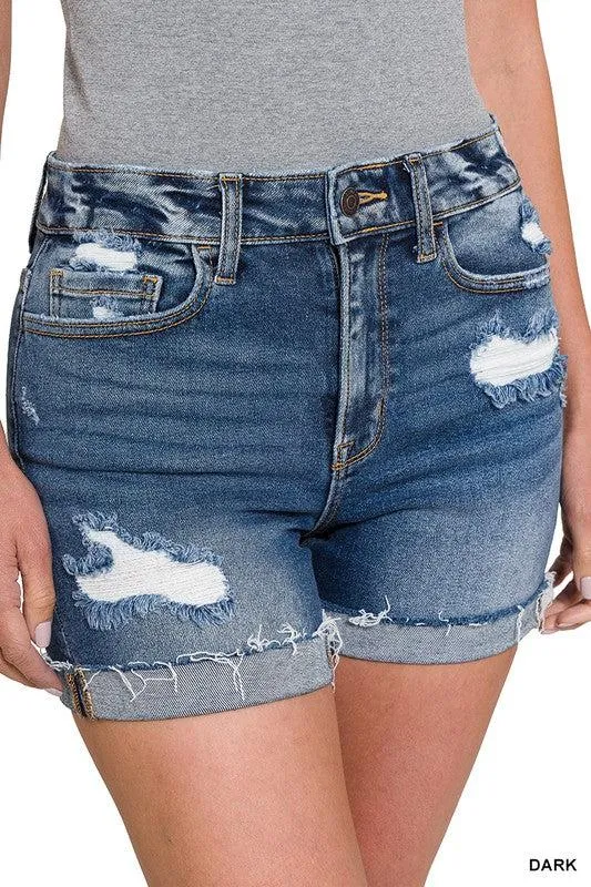 Distressed Cuffed Raw Hem Denim Shorts | SRB S -L | 32.95