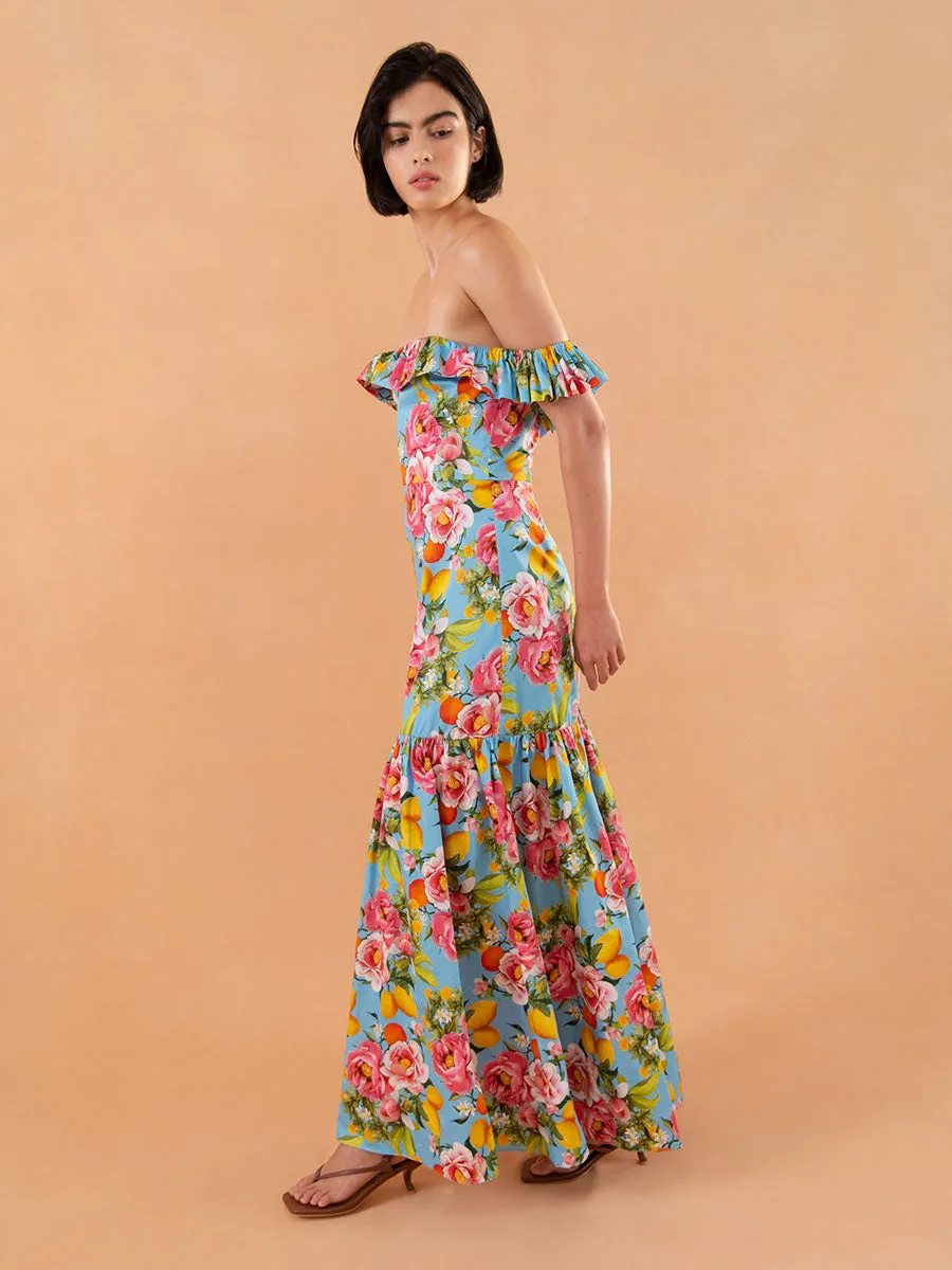 Farrah Cotton Maxi Dress - Peonia Blue/Pink