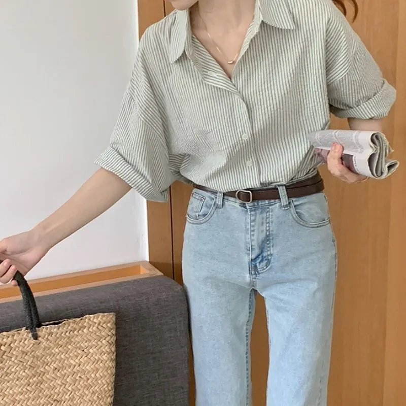 Getadme Elegant and Youth Woman Blouses Women's Clothing Spring Green Vertical Stripe Shirt Short Sleeve Chiffon Blouse Woman