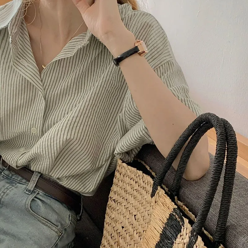 Getadme Elegant and Youth Woman Blouses Women's Clothing Spring Green Vertical Stripe Shirt Short Sleeve Chiffon Blouse Woman