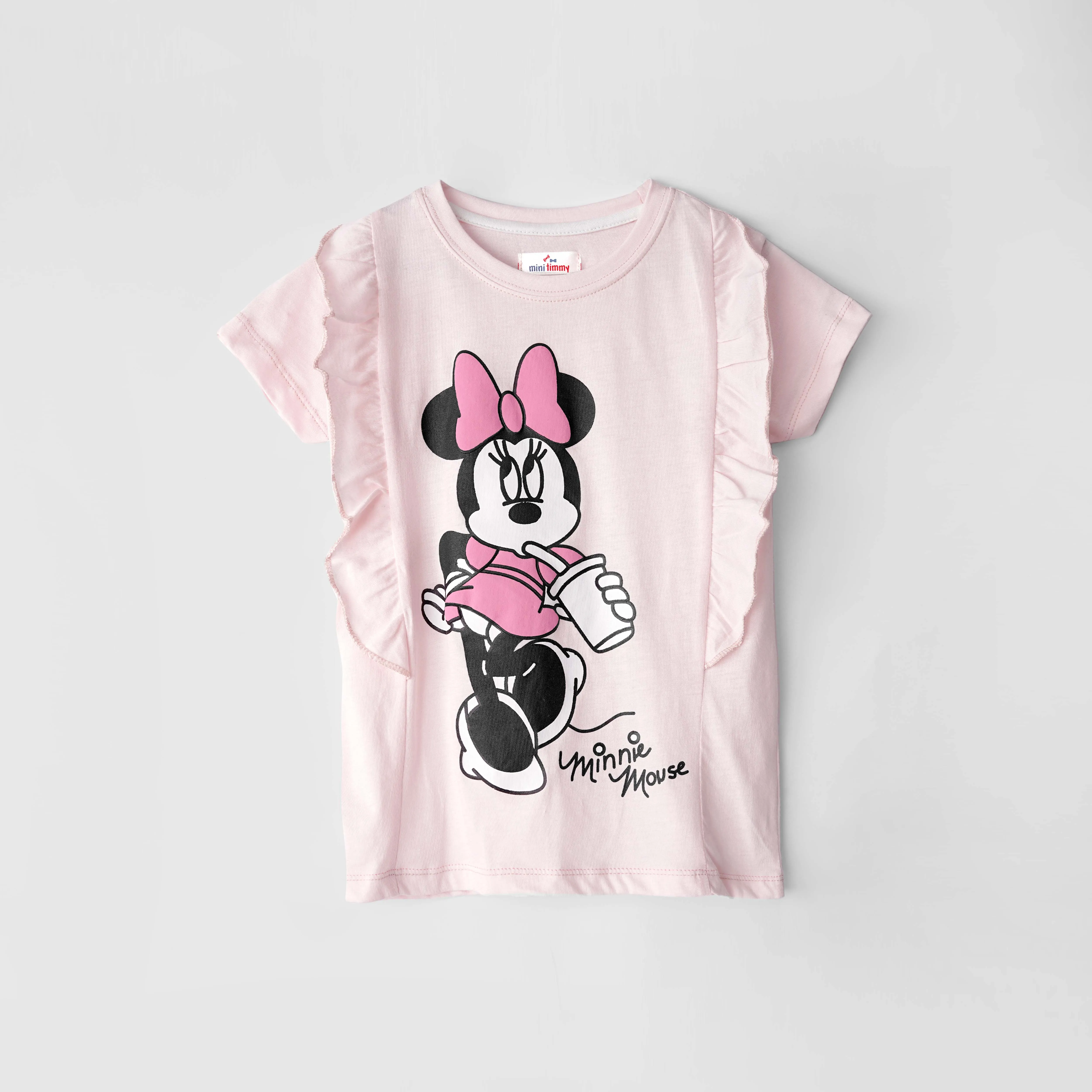 Girls Printed Soft Cotton Pink Frill Shoulder T-Shirt