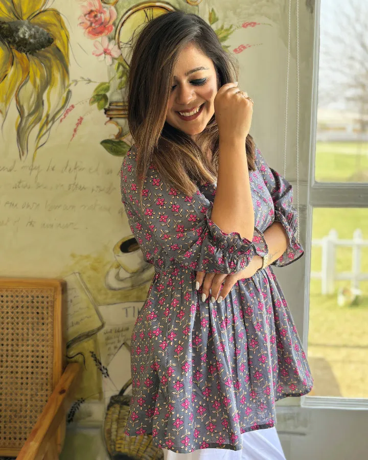 Grey Floral Cotton Peplum Top