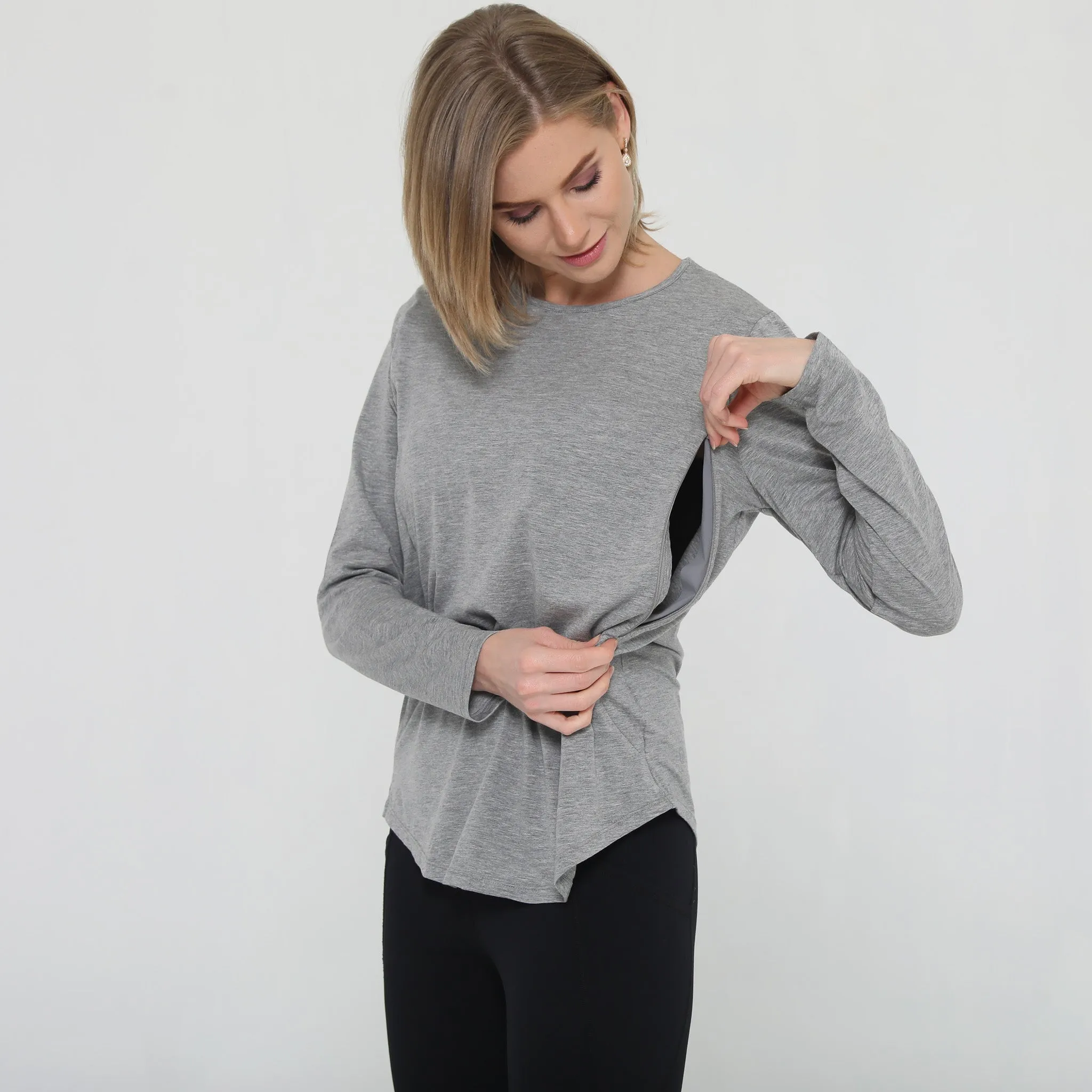 Harper Cross Back Long Sleeve Nursing Top (Heather Grey)