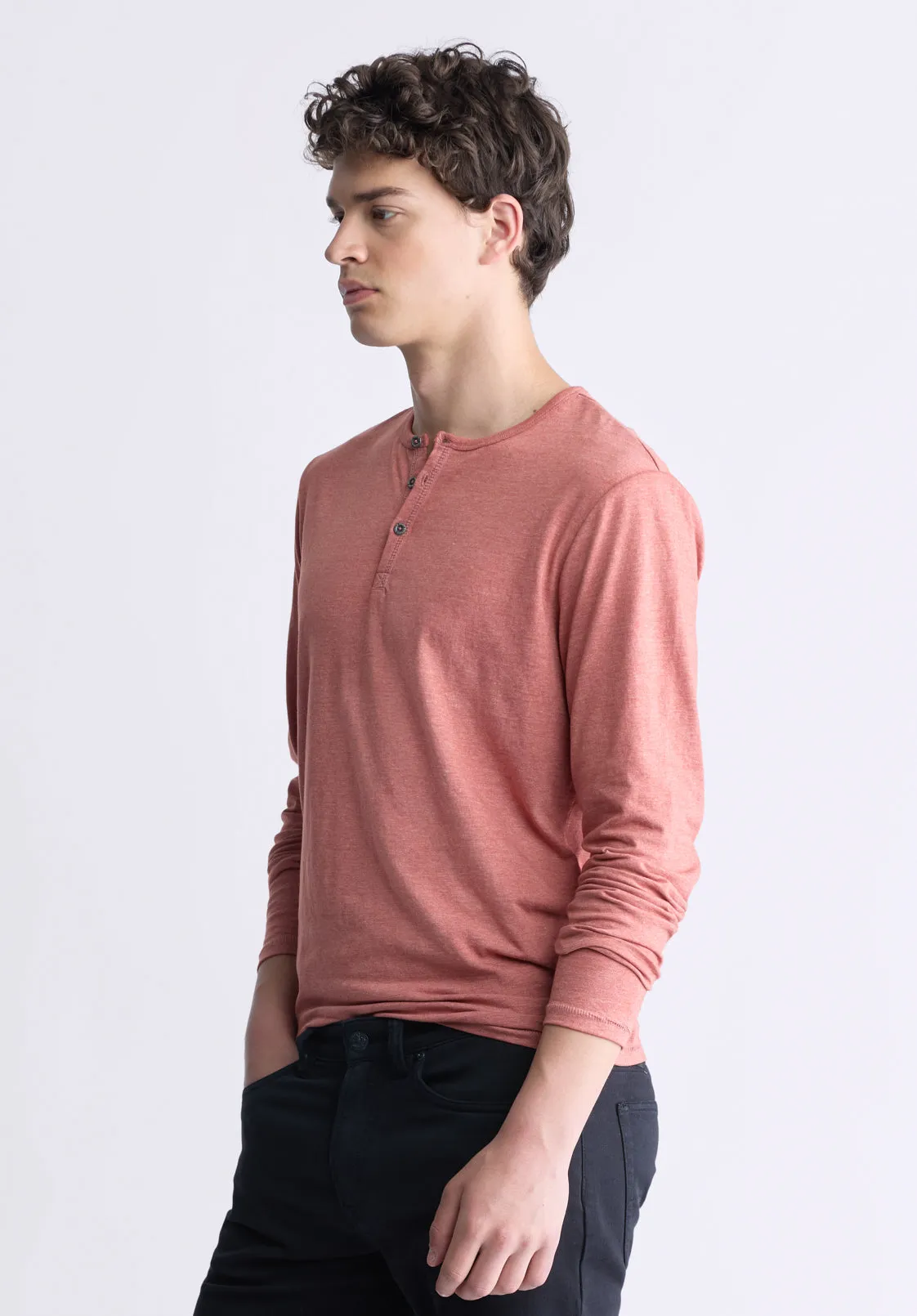 Kaduk Men's Long-Sleeve Burnout Henley Top, Red Ochre - BM24237