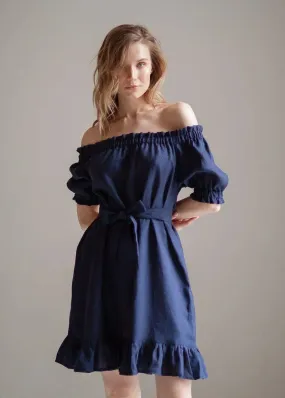 Lia Linen Dress In Dark Blue