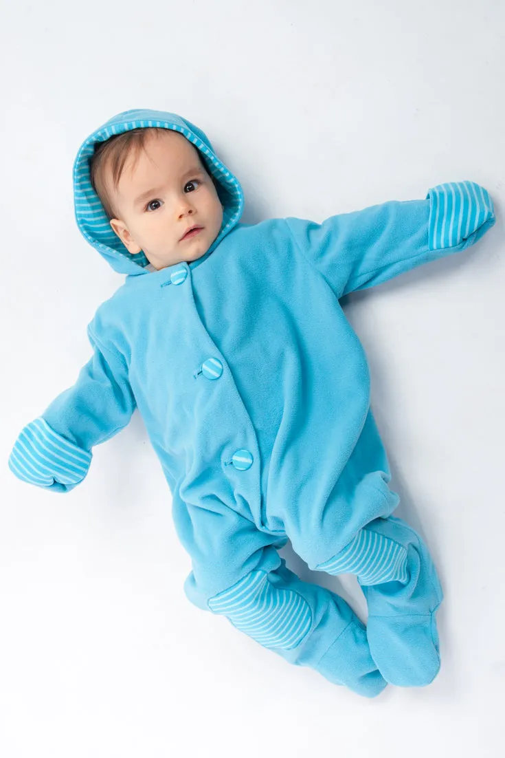 Lined baby overall pattern with hood, romper jumpsuit with feet and arm wrap. Hooded romper onesie sewing pattern DORIAN by Patternforkids