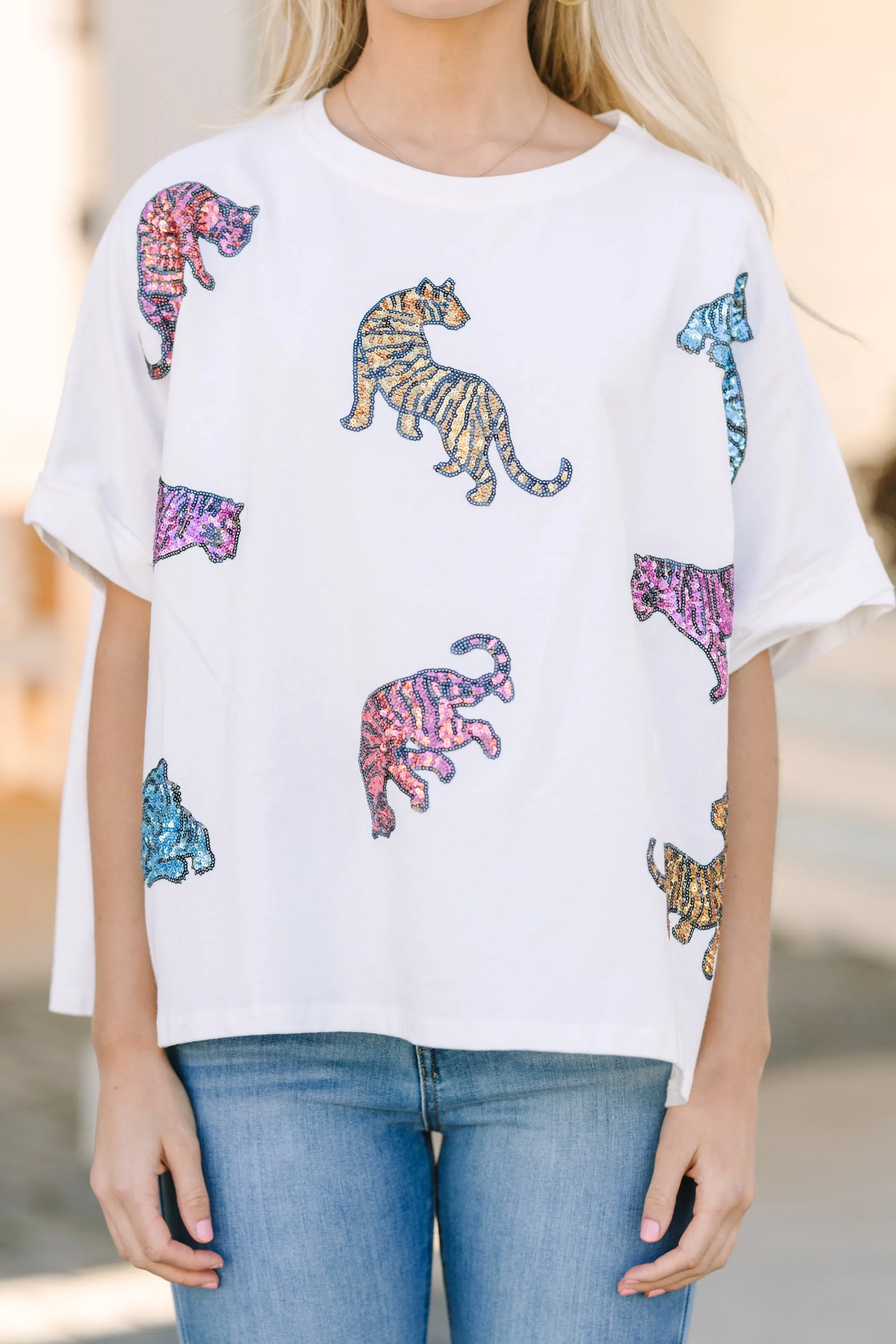 Live For Love White Sequin Tiger Top