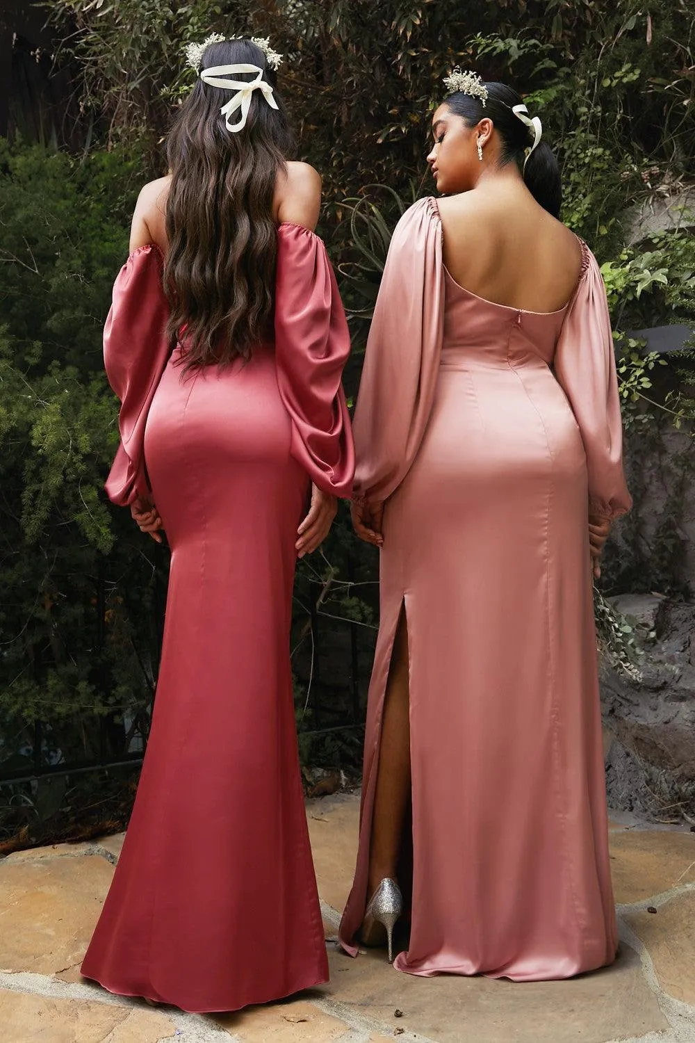 MADISON Satin Longsleeve Bridesmaids Maxi Dress with Side Split - Blush Pink