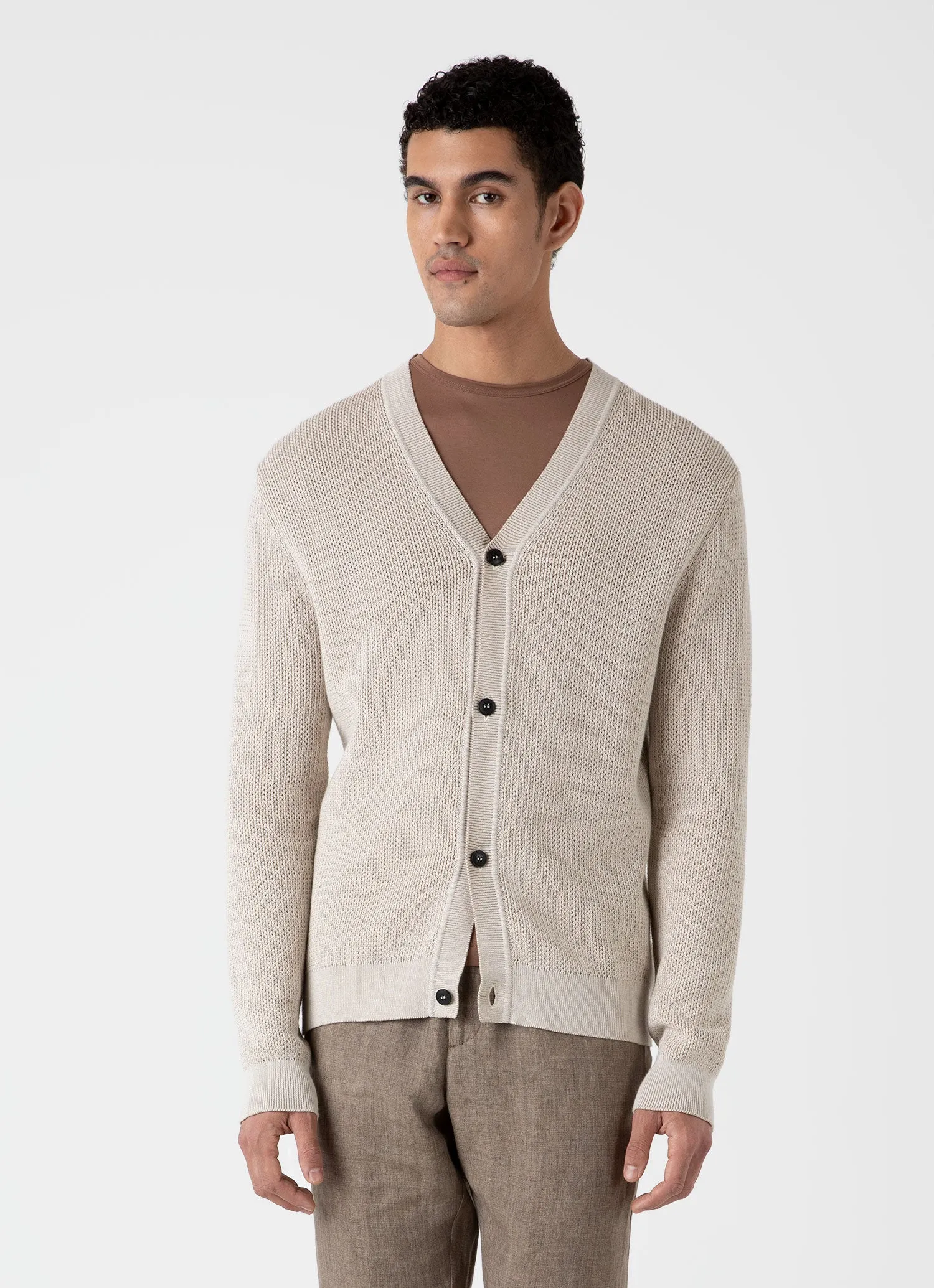 Men's Textured Knit Cardigan in Ecru