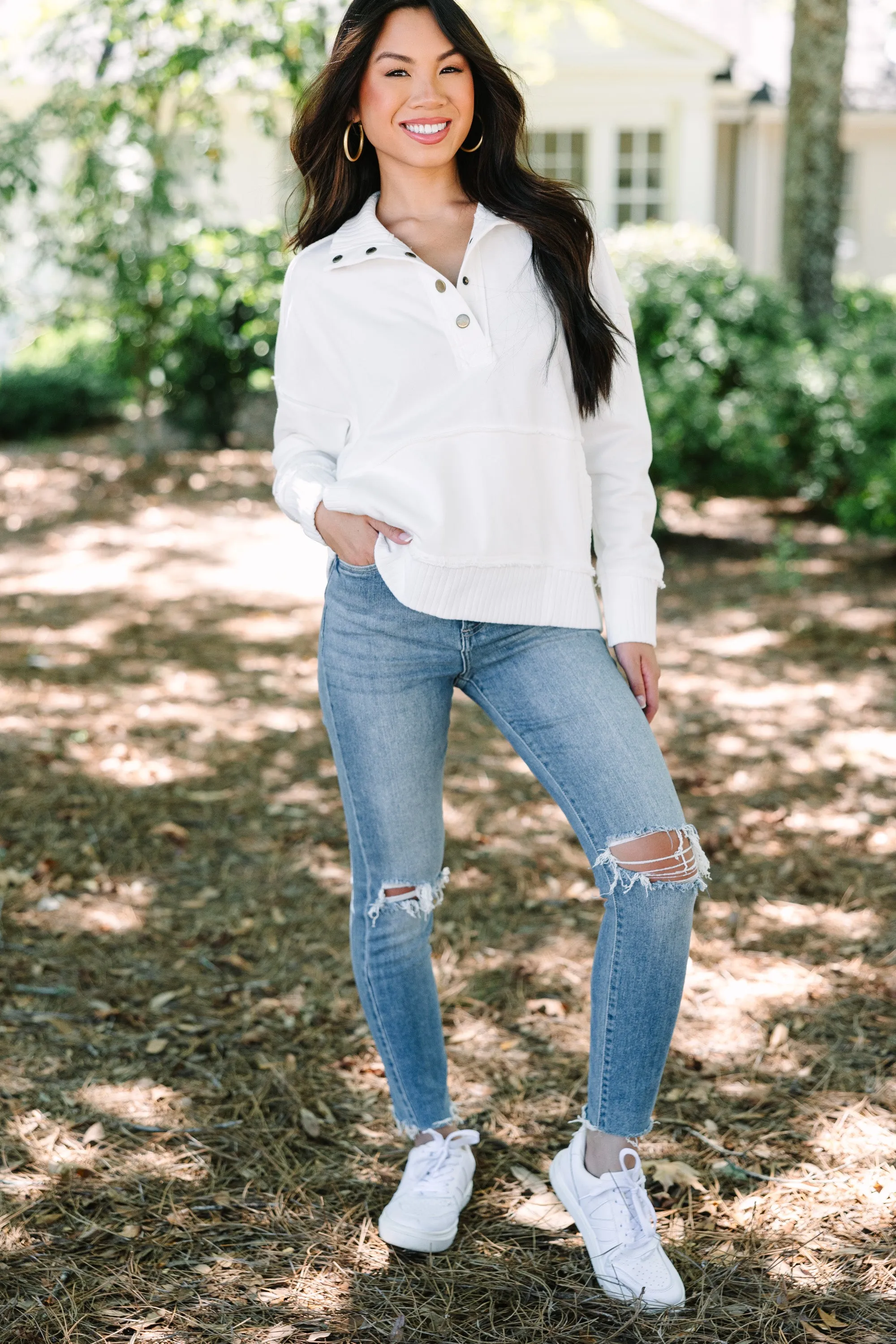 On The Move Ivory White Partial Button Down Pullover