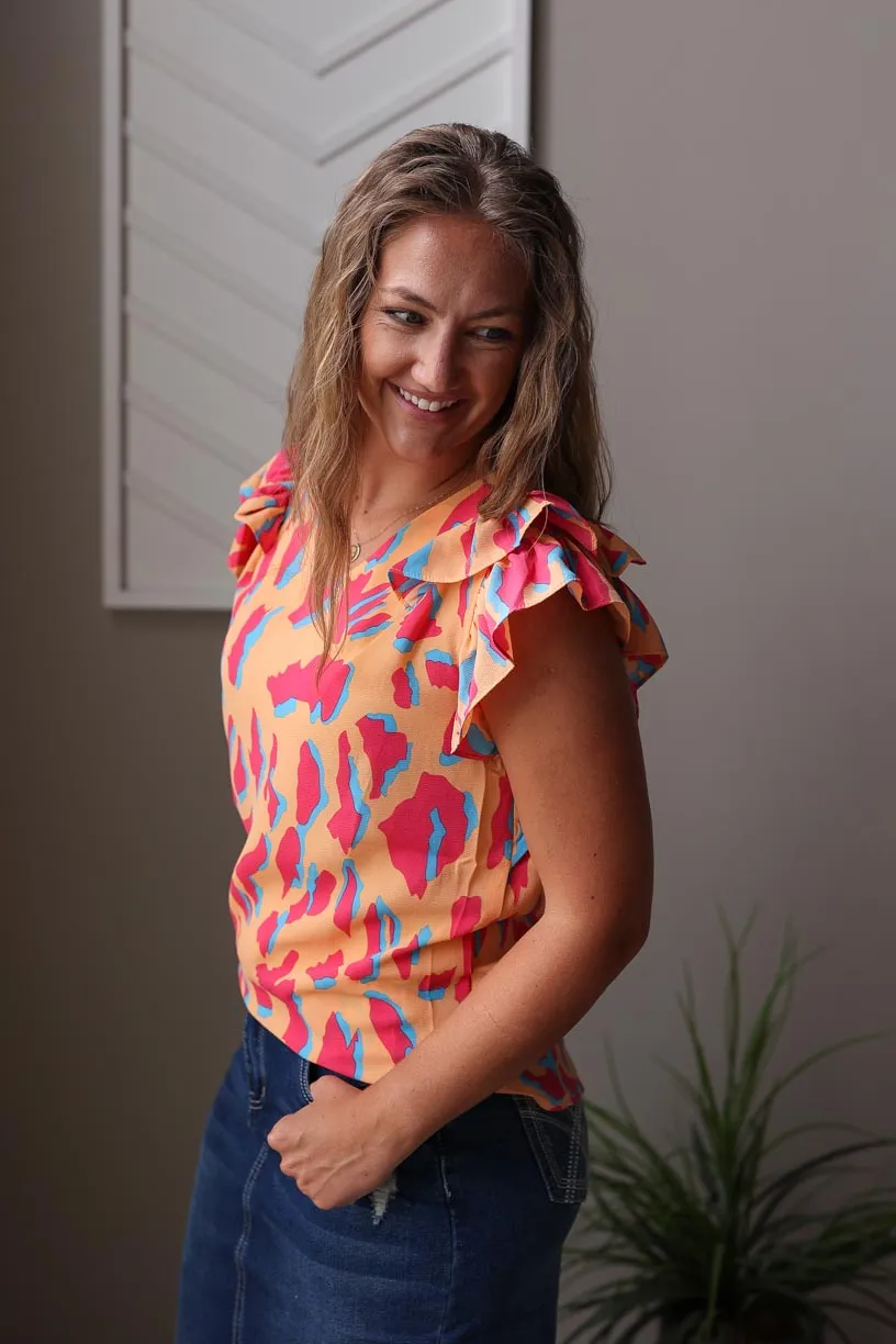 Orange Abstract Print V-Neck Ruffle Sleeve Top