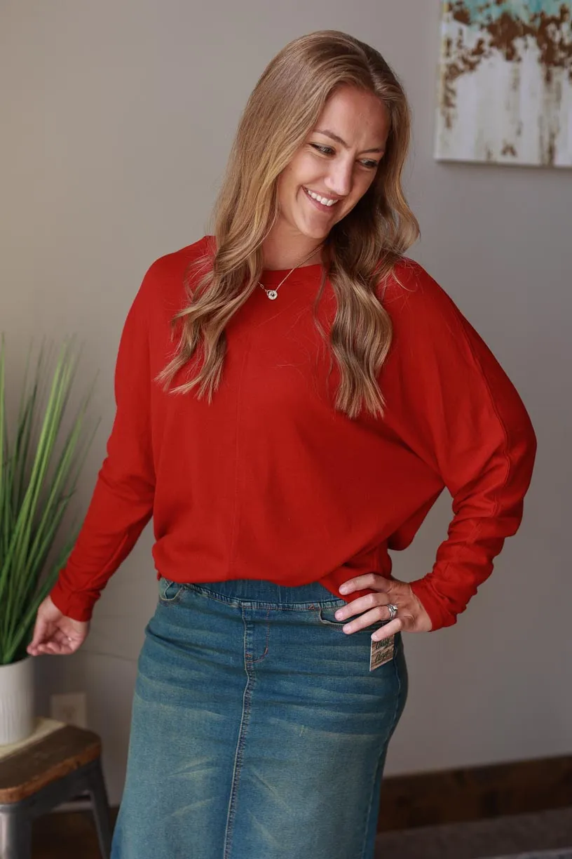 Red Patchwork Long Sleeve Top • S, 2XL PLUS