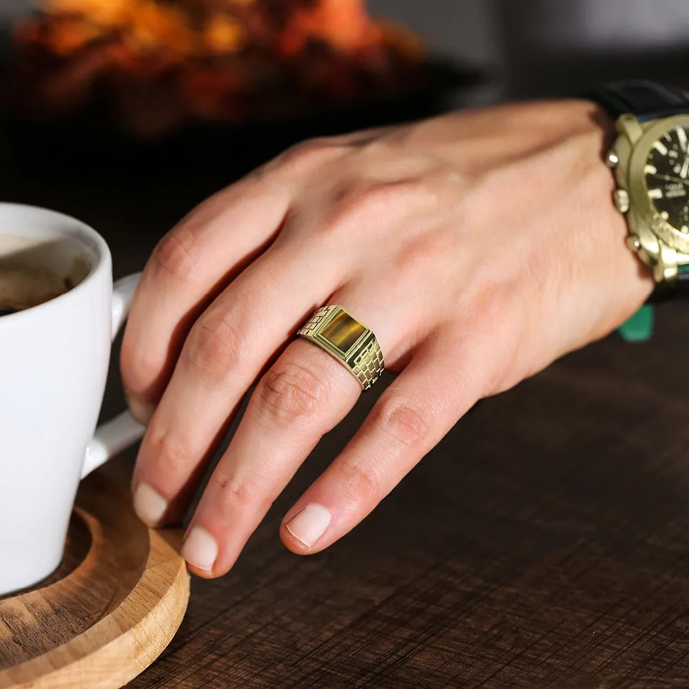 Solid 10k Yellow Gold Brown Tiger's Eye Stone Band Ring for Men