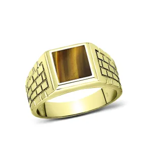 Solid 10k Yellow Gold Brown Tiger's Eye Stone Band Ring for Men