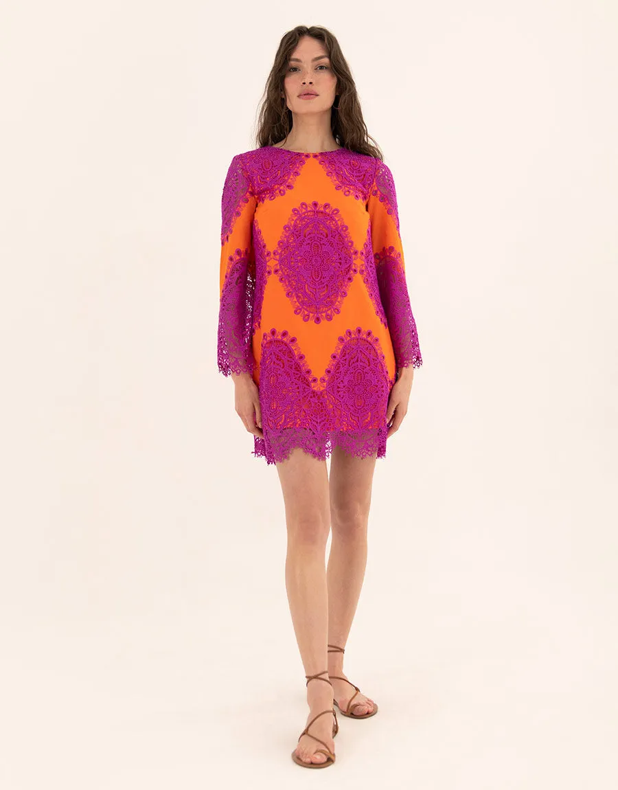 Stevie Lace Mini Dress - Orange/Fuchsia