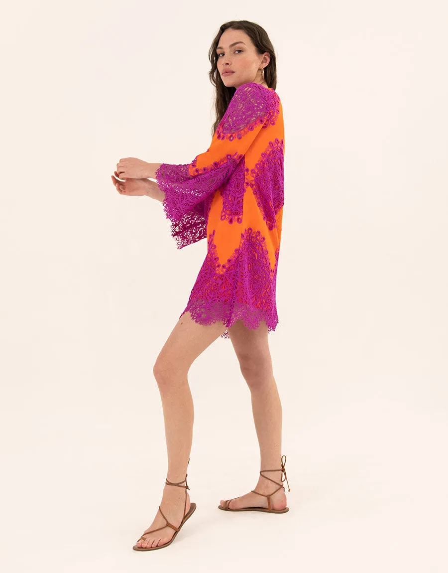 Stevie Lace Mini Dress - Orange/Fuchsia