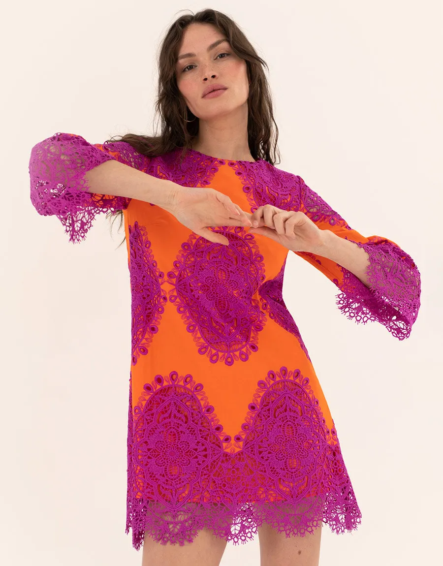 Stevie Lace Mini Dress - Orange/Fuchsia