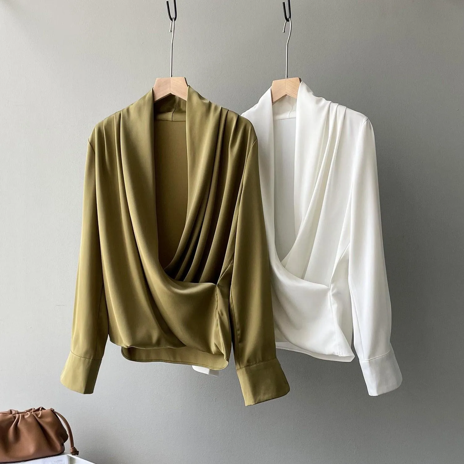 Timeless V-neck Satin Woven Blouse, Silk Satin Long Sleeves Shirt, Women Smart Casual Silky Top, Green Sleeve Blouse, Any Occassion, Gift