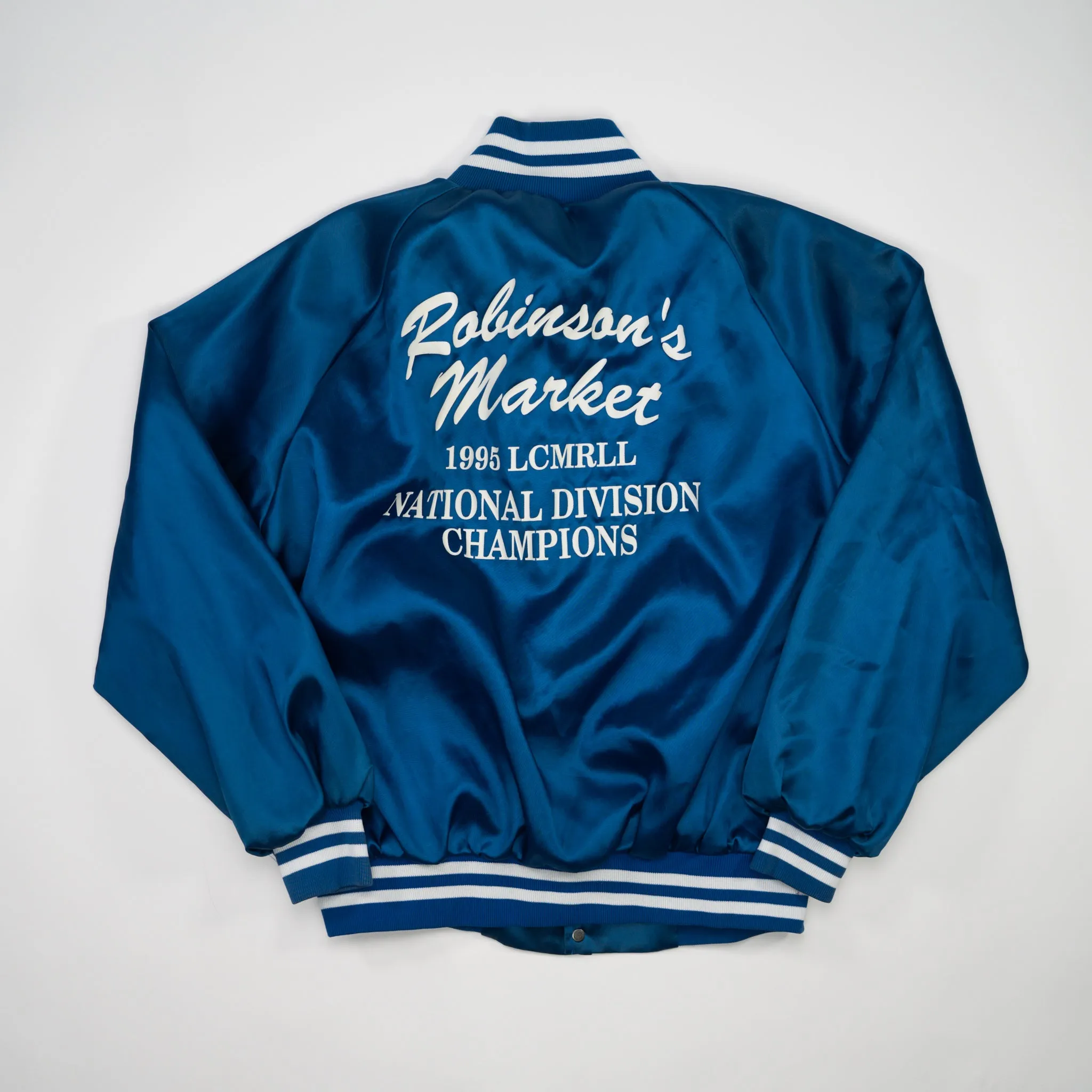 Vintage '95 Blue Robinson's Market Champ Satin Bomber