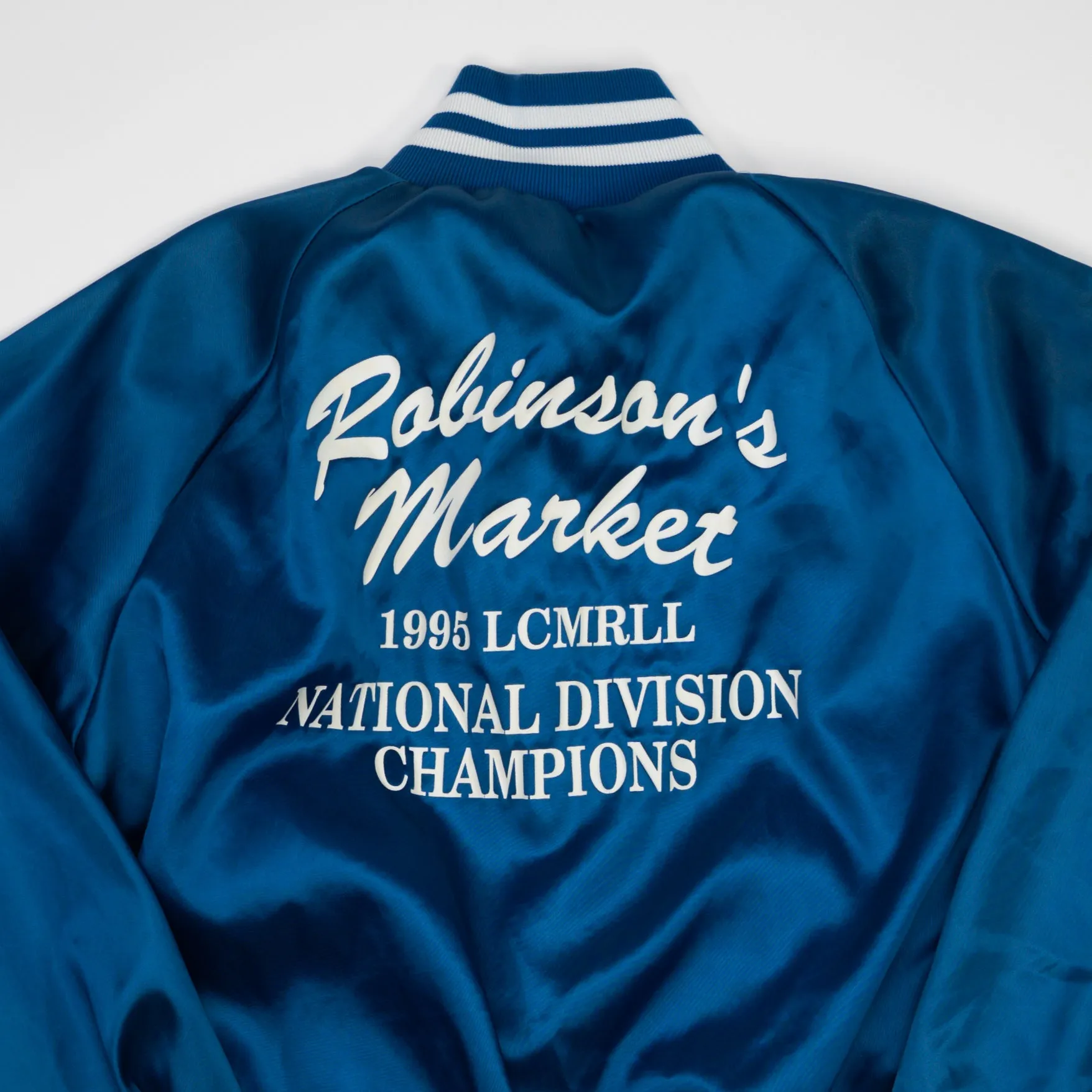 Vintage '95 Blue Robinson's Market Champ Satin Bomber